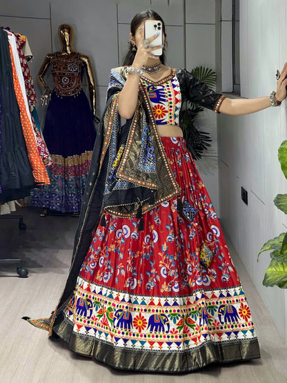 Red Pure Dola Silk Floral Print with Traditional Kutchi Work Navratri Lehenga Choli
