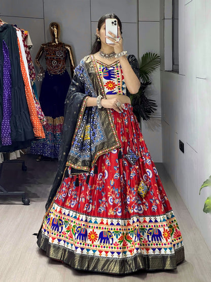 Red Pure Dola Silk Floral Print with Traditional Kutchi Work Navratri Lehenga Choli