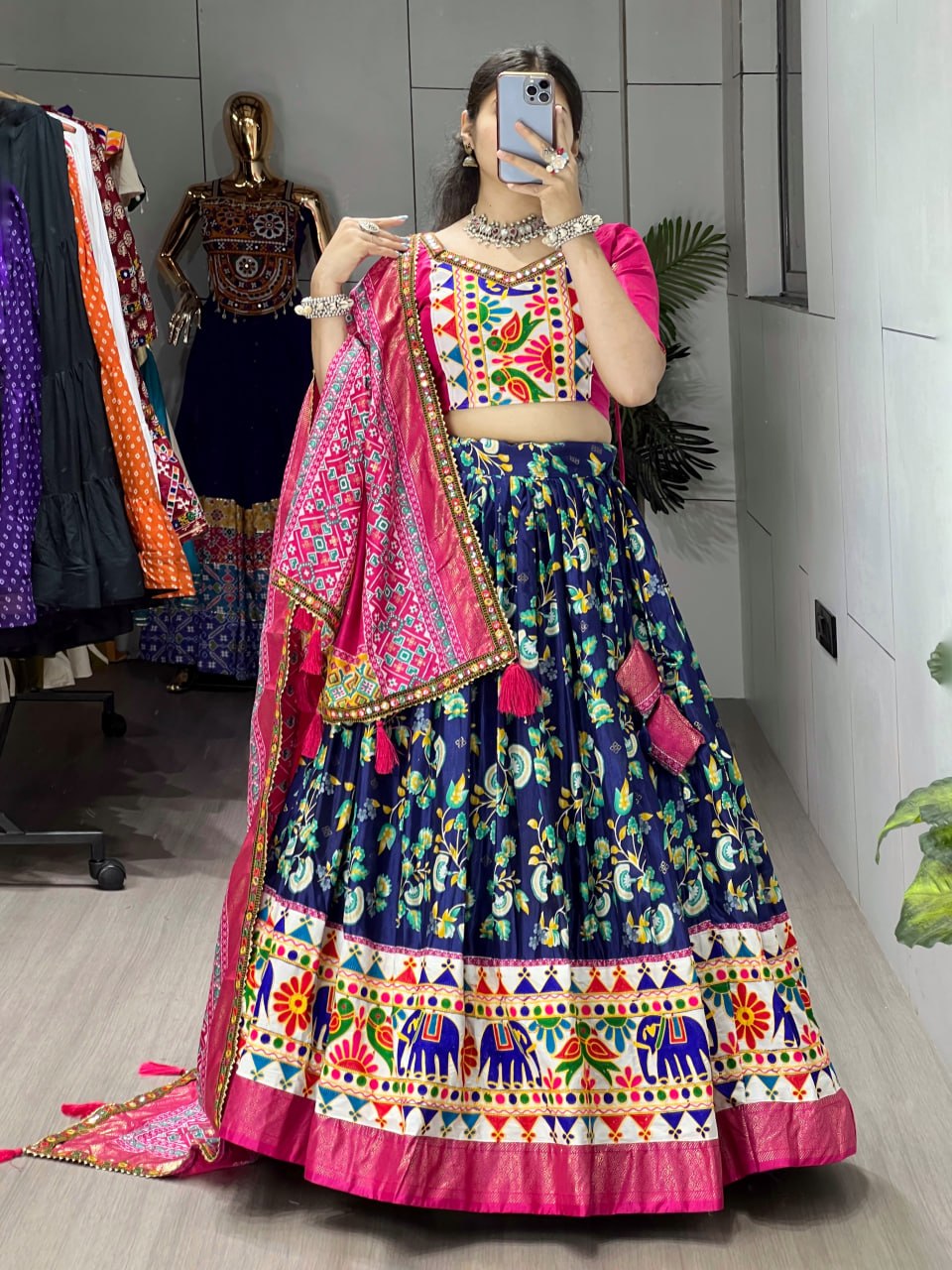 Navy Blue Pure Dola Silk Floral Print with Traditional Kutchi Work Navratri Lehenga Choli