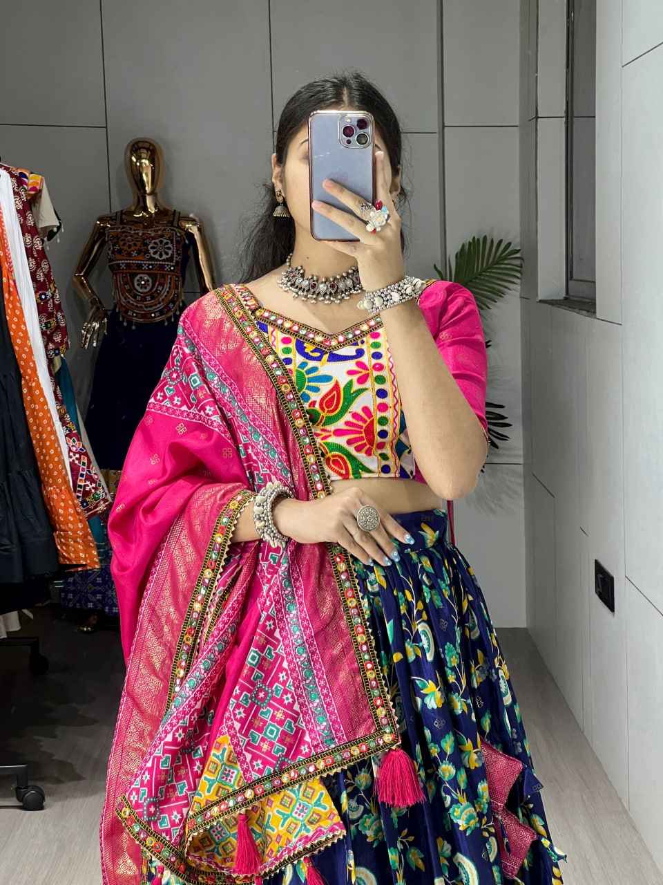 Navy Blue Pure Dola Silk Floral Print with Traditional Kutchi Work Navratri Lehenga Choli