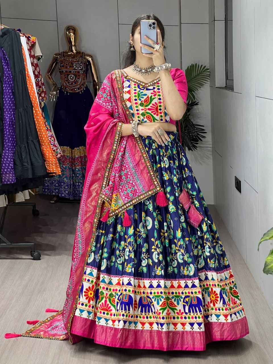 Navy Blue Pure Dola Silk Floral Print with Traditional Kutchi Work Navratri Lehenga Choli