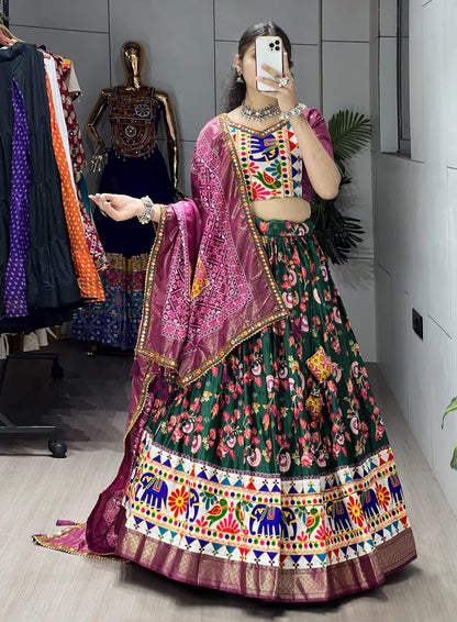 Green Pure Dola Silk Floral Print with Traditional Kutchi Work Navratri Lehenga Choli