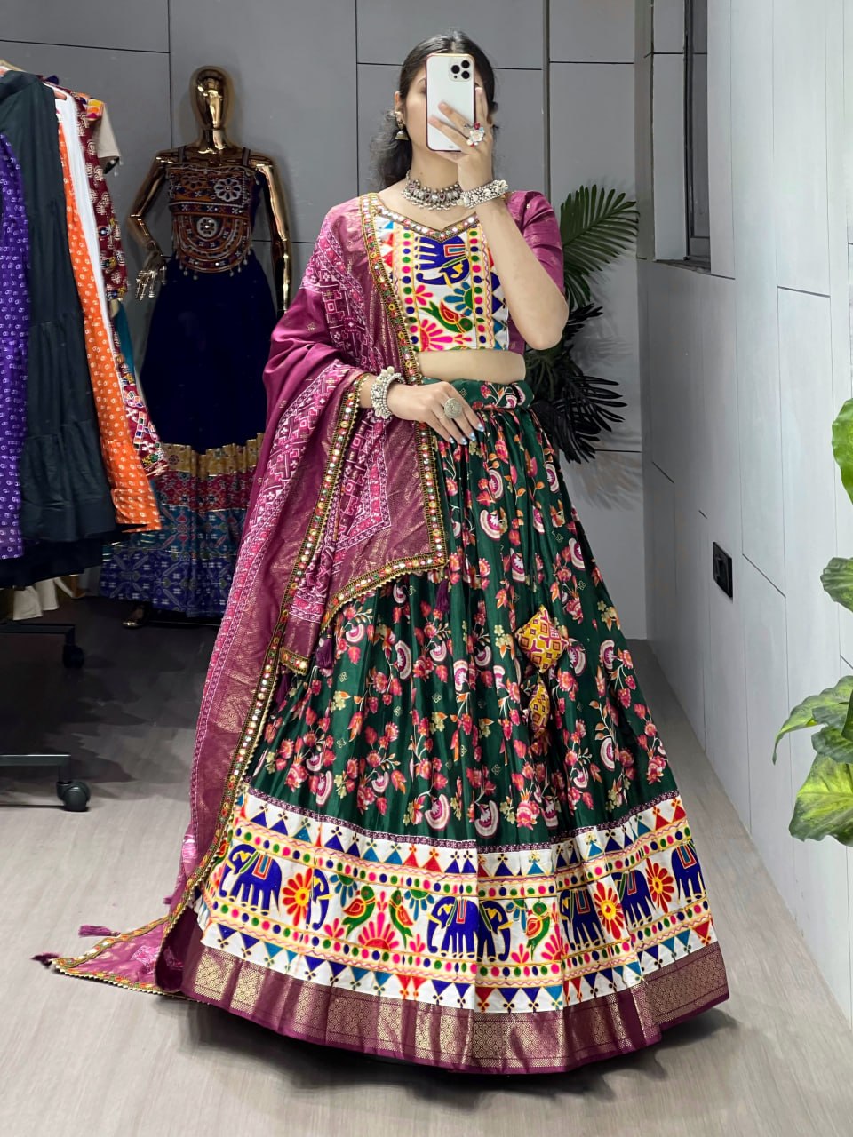Green Pure Dola Silk Floral Print with Traditional Kutchi Work Navratri Lehenga Choli