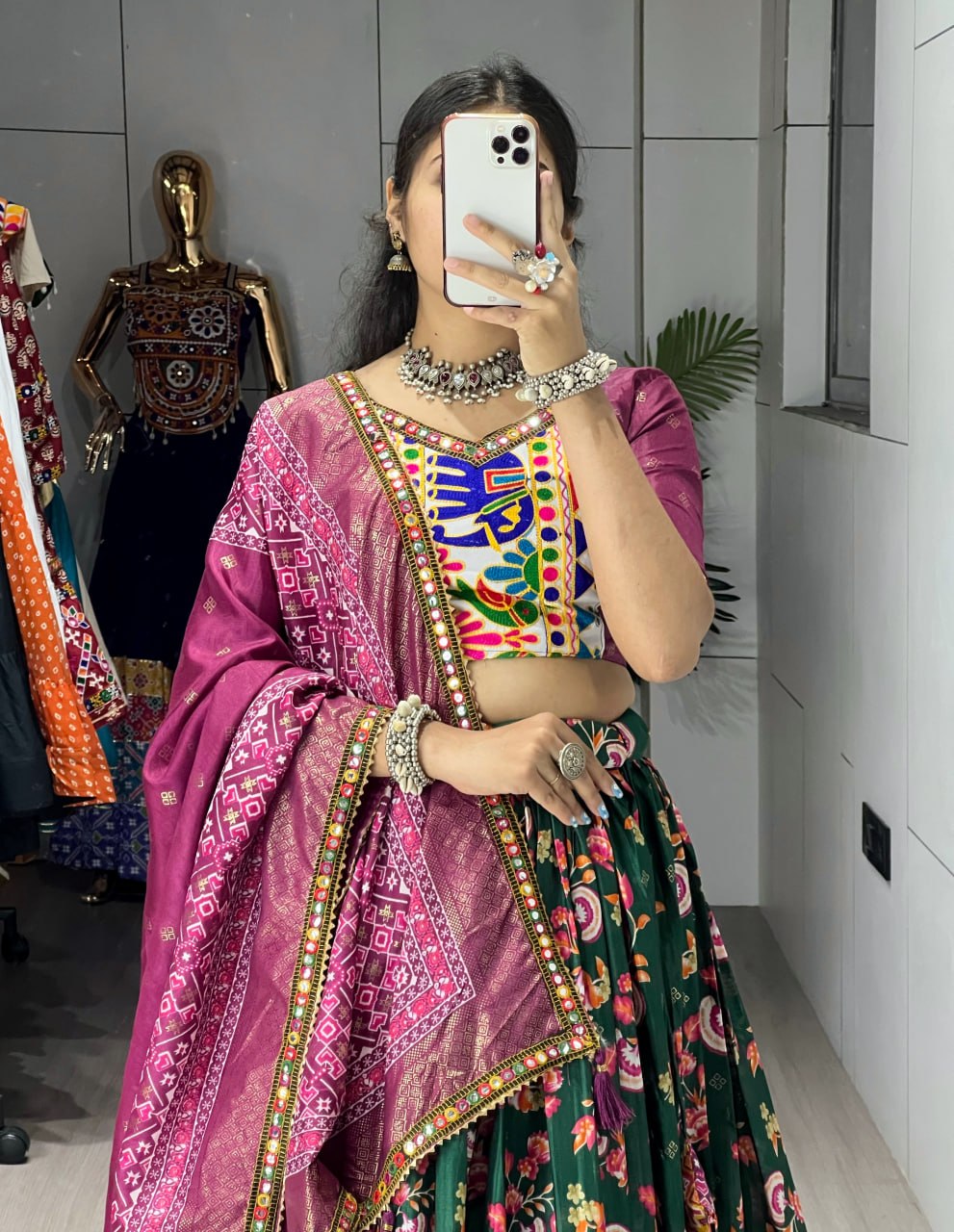 Green Pure Dola Silk Floral Print with Traditional Kutchi Work Navratri Lehenga Choli
