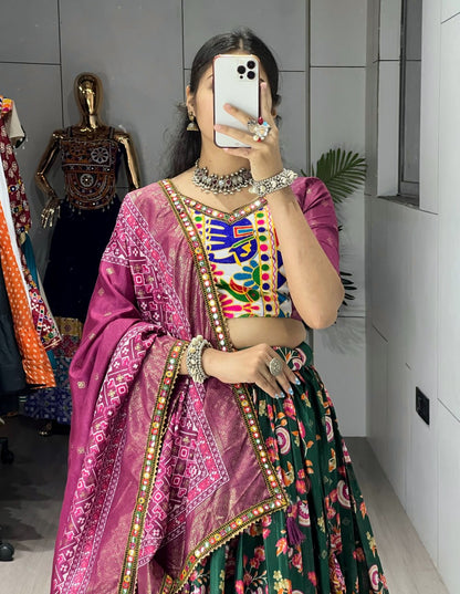 Green Pure Dola Silk Floral Print with Traditional Kutchi Work Navratri Lehenga Choli