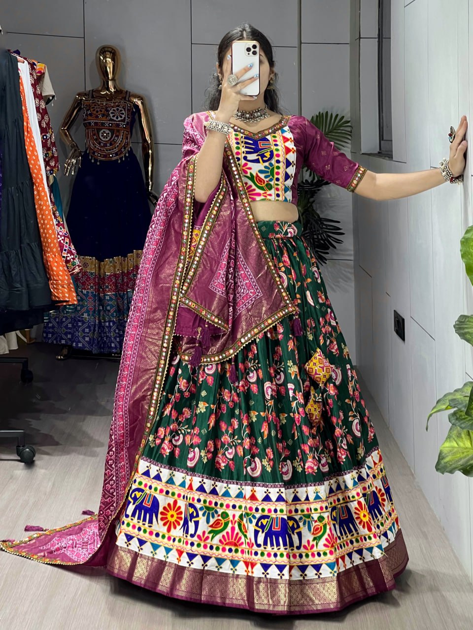 Green Pure Dola Silk Floral Print with Traditional Kutchi Work Navratri Lehenga Choli