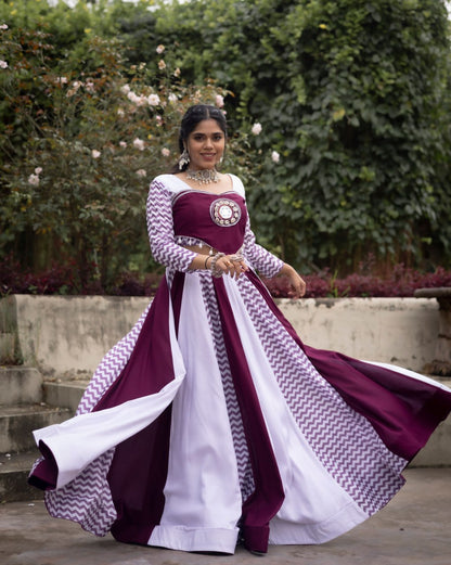 Wine Pure Rayon Cotton With Muslin Strips Navratri Lehenga Choli