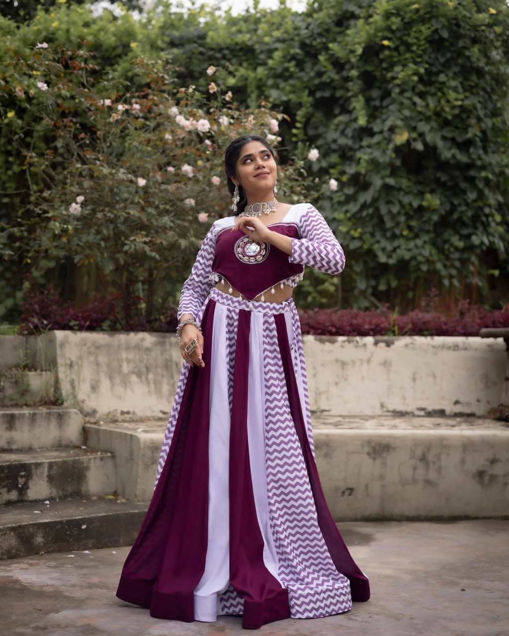 Wine Pure Rayon Cotton With Muslin Strips Navratri Lehenga Choli