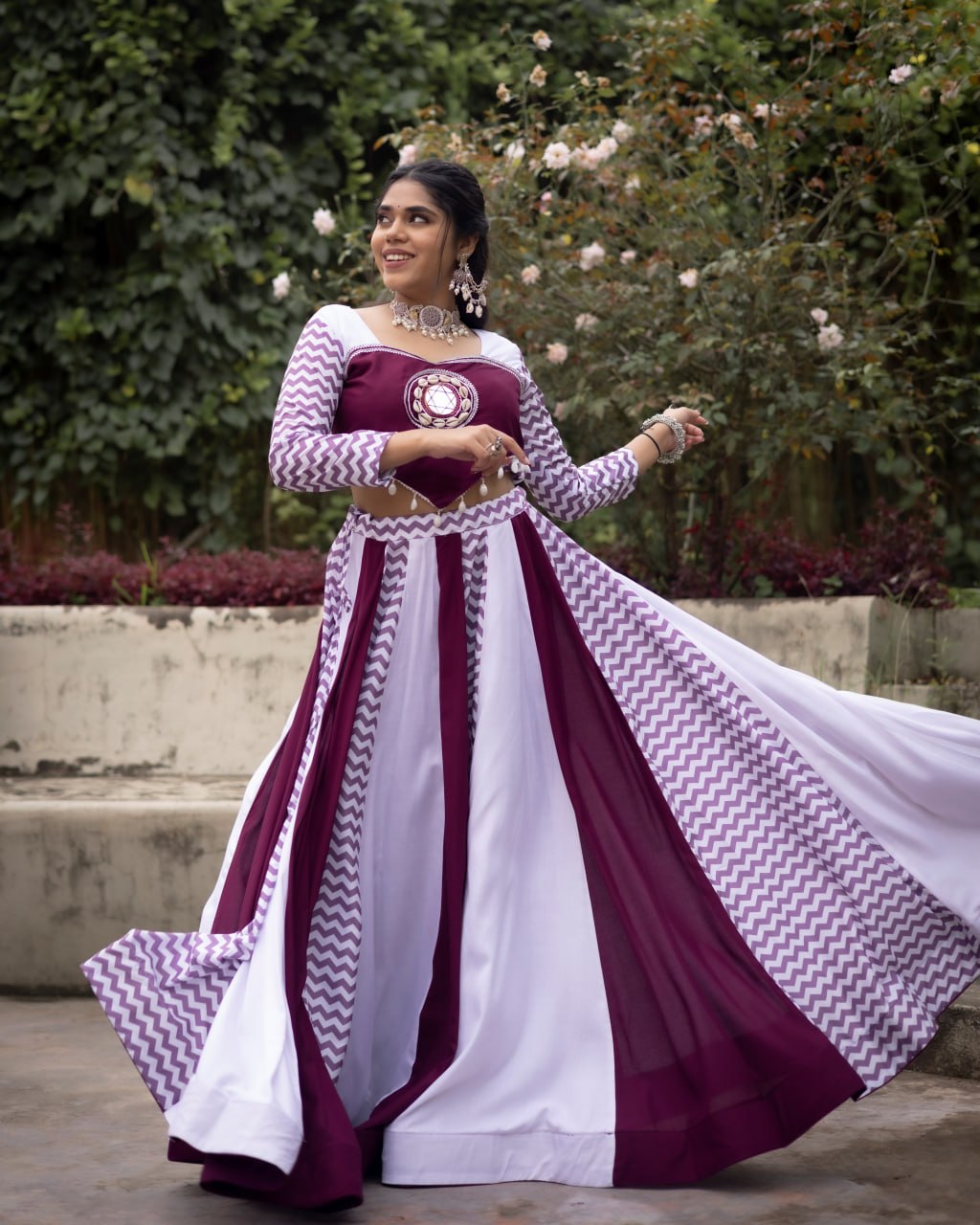 Wine Pure Rayon Cotton With Muslin Strips Navratri Lehenga Choli