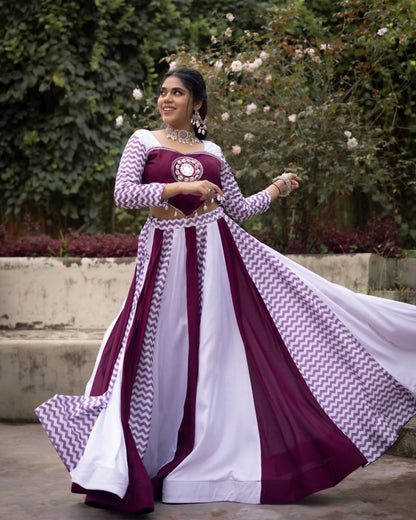 Wine Pure Rayon Cotton With Muslin Strips Navratri Lehenga Choli