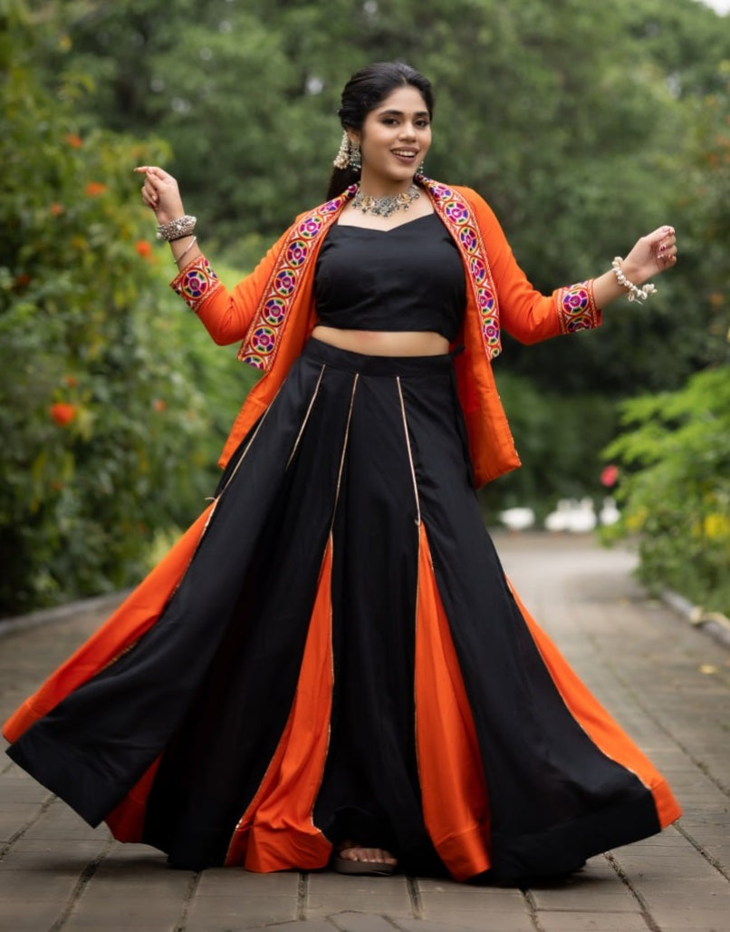 Orange Pure Rayon Cotton Multi Colored Gota Patti Navratri Lehenga Choli