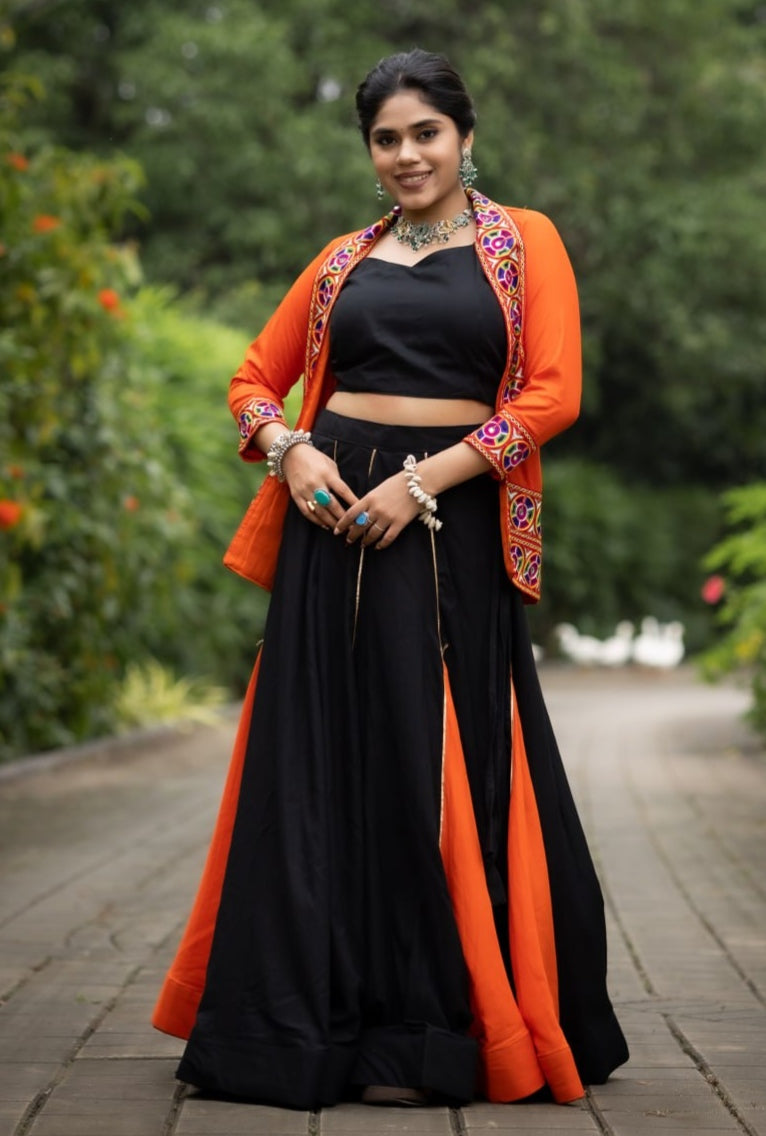 Orange Pure Rayon Cotton Multi Colored Gota Patti Navratri Lehenga Choli