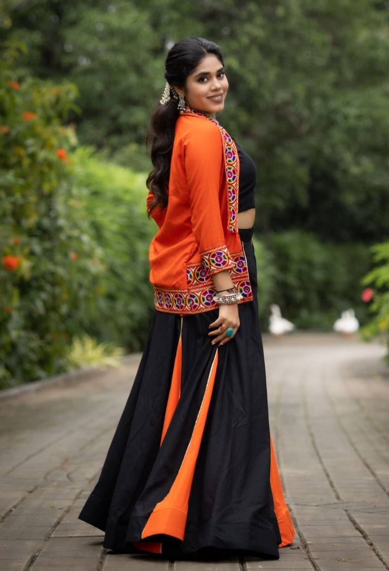 Orange Pure Rayon Cotton Multi Colored Gota Patti Navratri Lehenga Choli