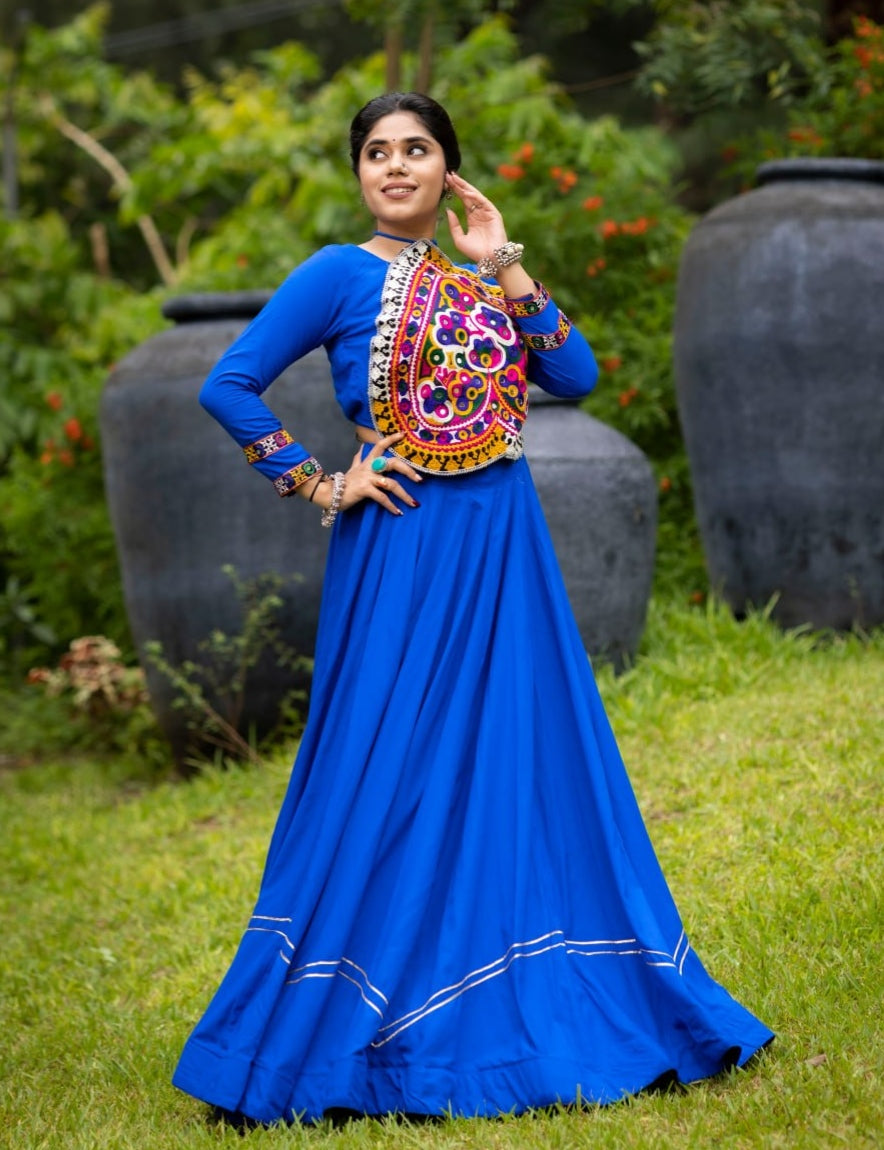 Blue Pure Rayon Cotton Plain With Work Navratri Lehenga Choli