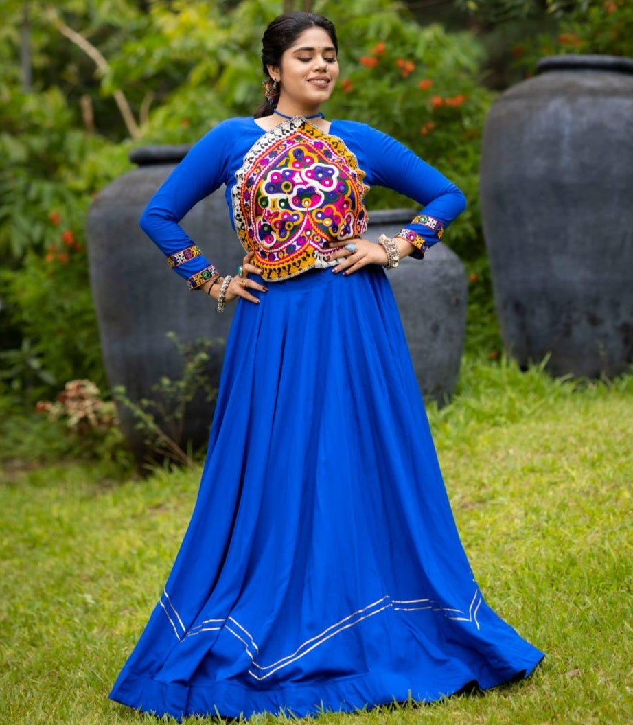 Blue Pure Rayon Cotton Plain With Work Navratri Lehenga Choli