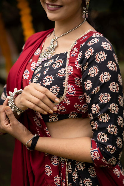 Maroon Pure Two Color Ajrakh Prints Navratri Lehenga Choli