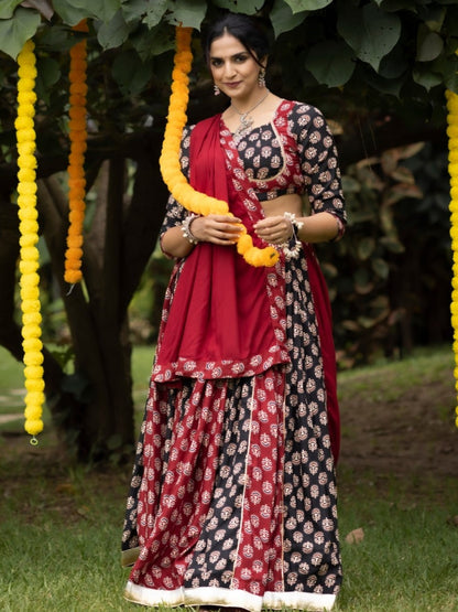Maroon Pure Two Color Ajrakh Prints Navratri Lehenga Choli