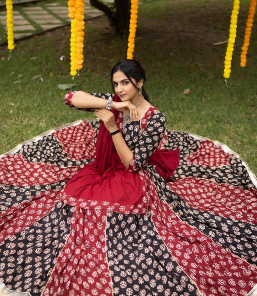 Maroon Pure Two Color Ajrakh Prints Navratri Lehenga Choli