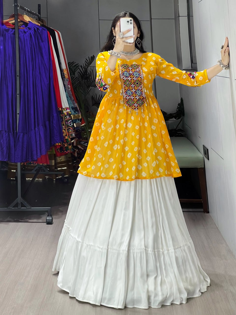Yellow Pure Rayon Cotton Plain With Frill Pattern Navratri Lehenga Choli