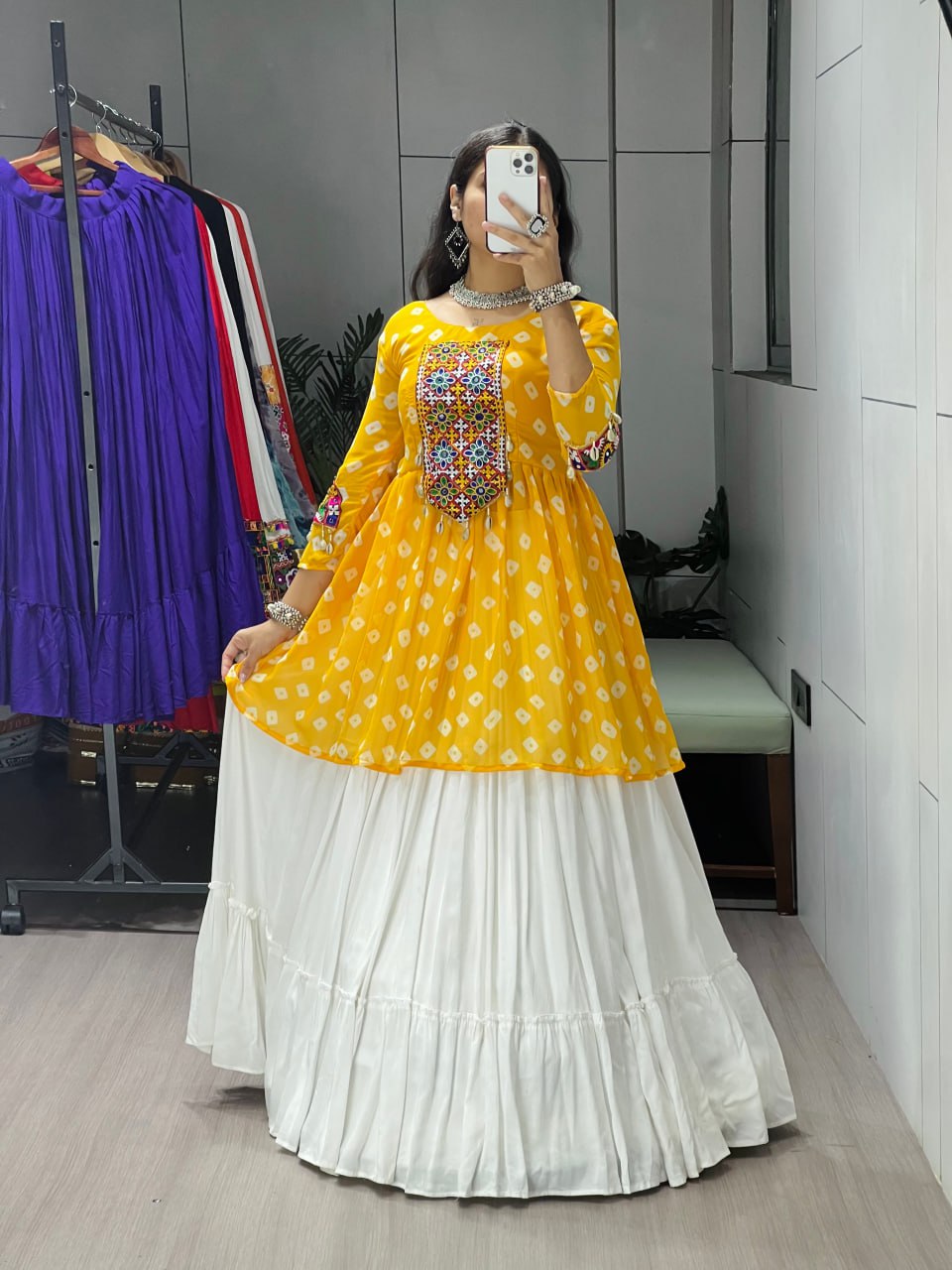 Yellow Pure Rayon Cotton Plain With Frill Pattern Navratri Lehenga Choli