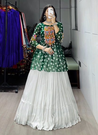 Green Pure Rayon Cotton Plain With Frill Pattern Navratri Lehenga Choli
