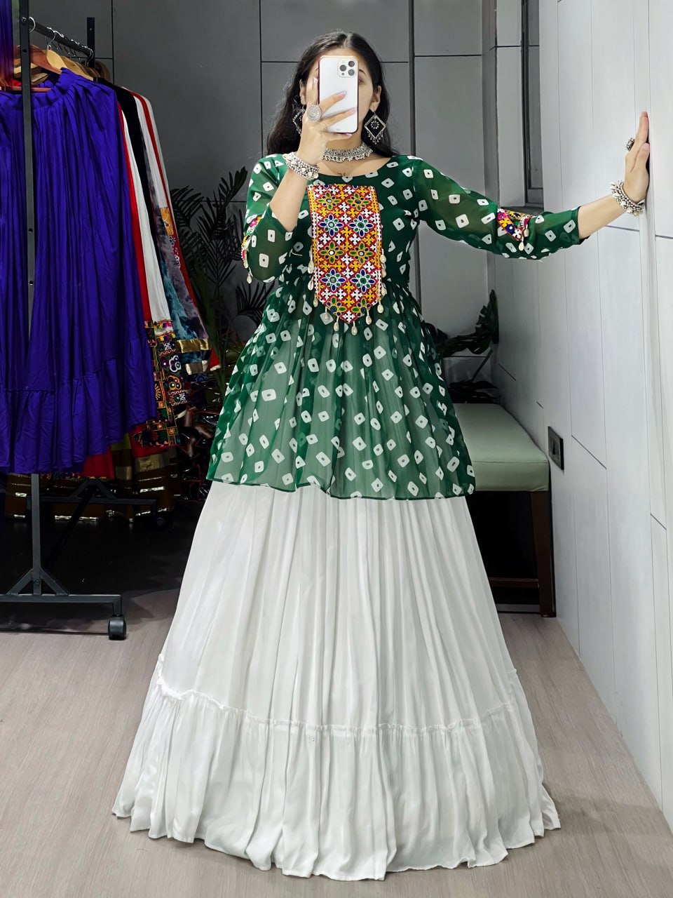 Green Pure Rayon Cotton Plain With Frill Pattern Navratri Lehenga Choli