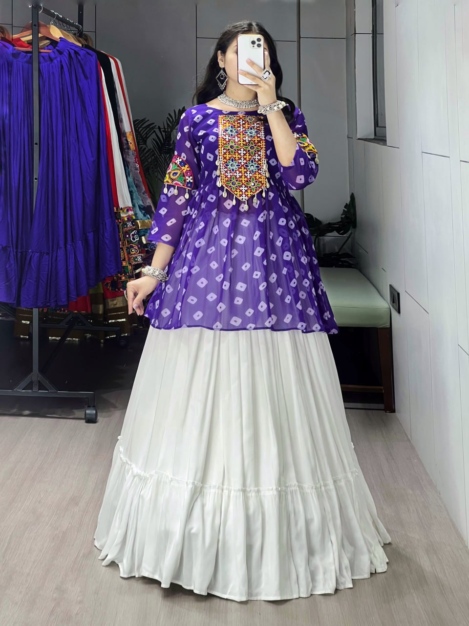 Purple Pure Rayon Cotton Plain With Frill Pattern Navratri Lehenga Choli