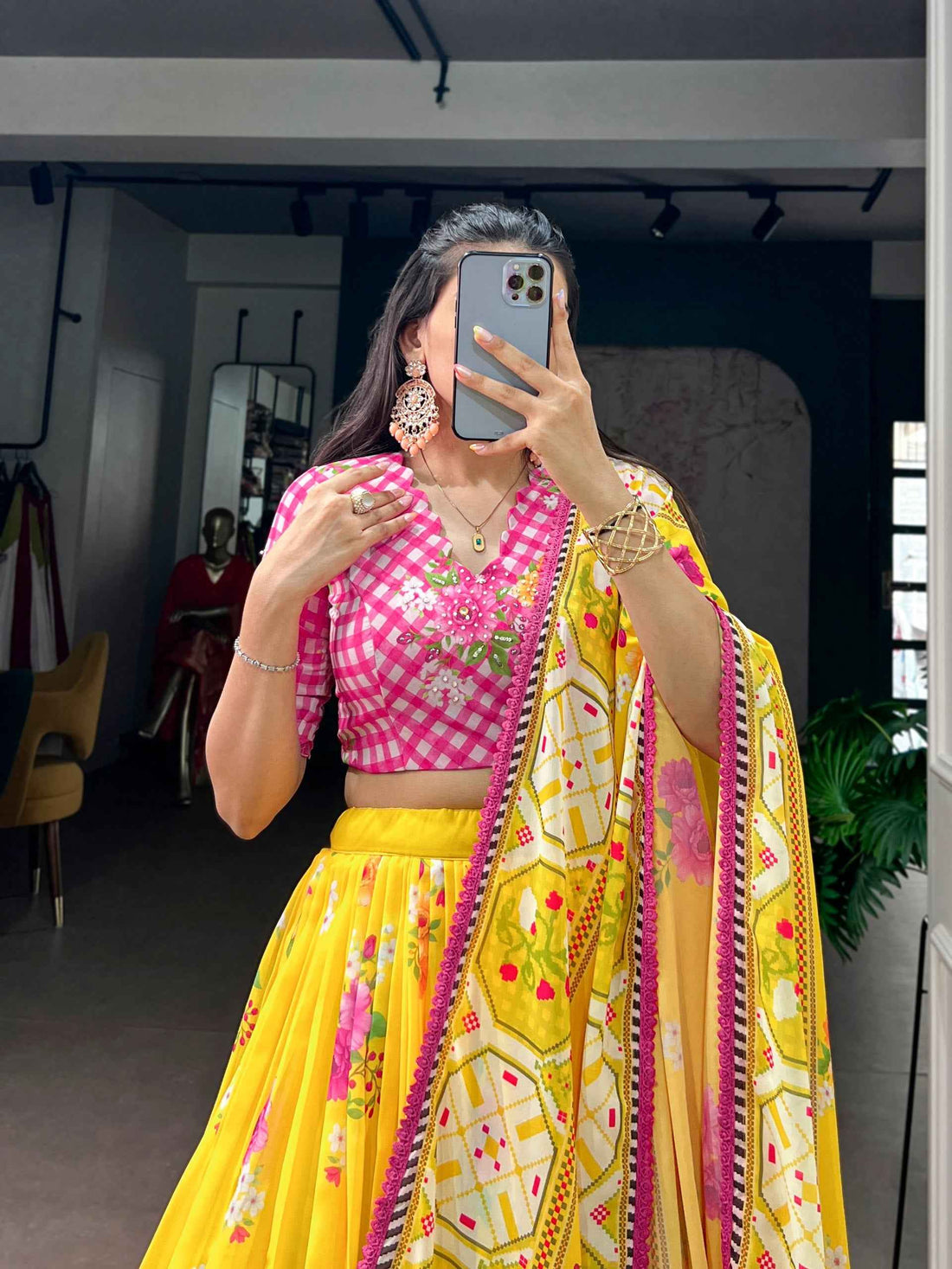 Yellow Pure Floral Georgette Elegant Printed Work Navratri Lehenga Choli