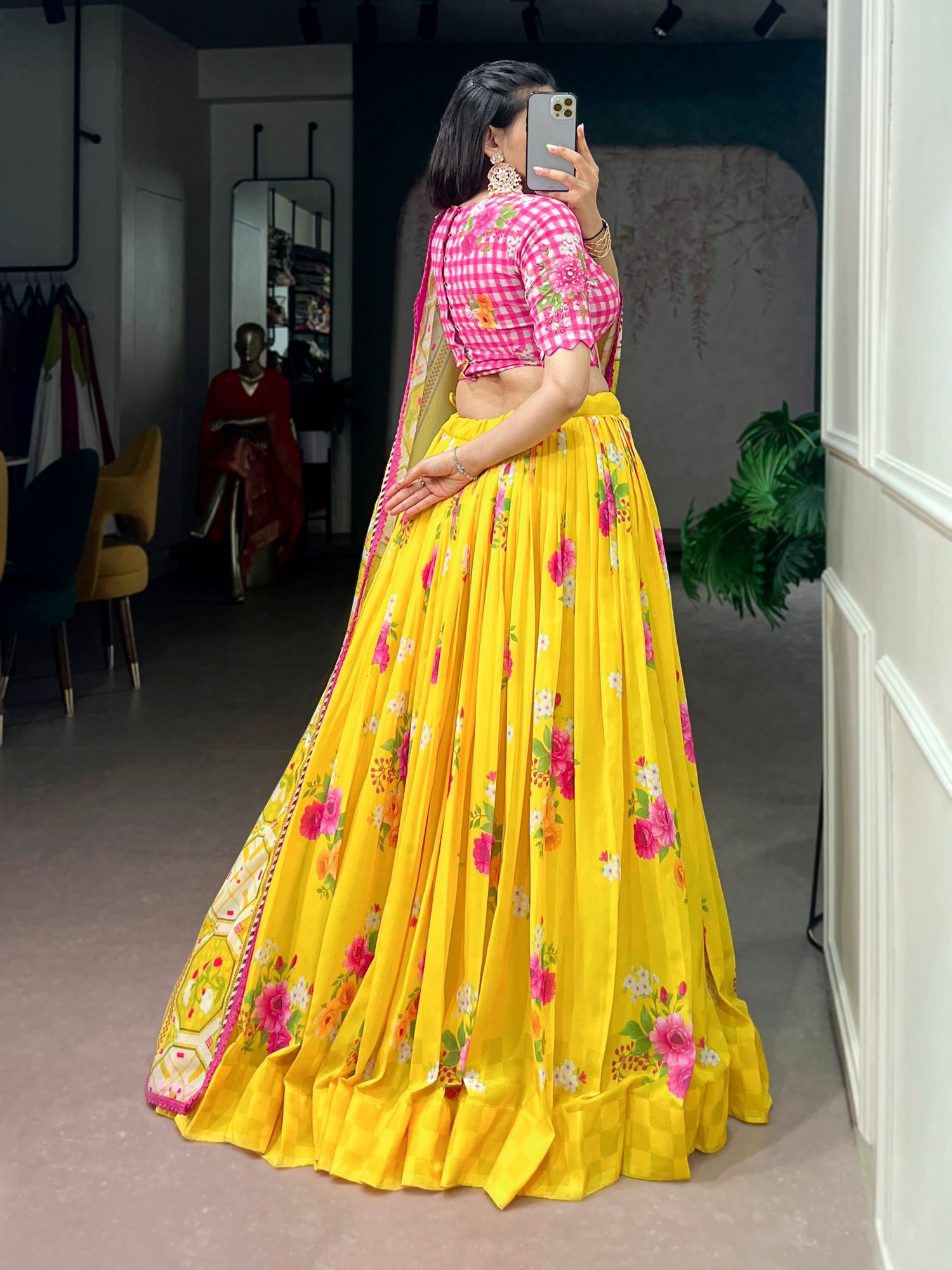 Yellow Pure Floral Georgette Elegant Printed Work Navratri Lehenga Choli