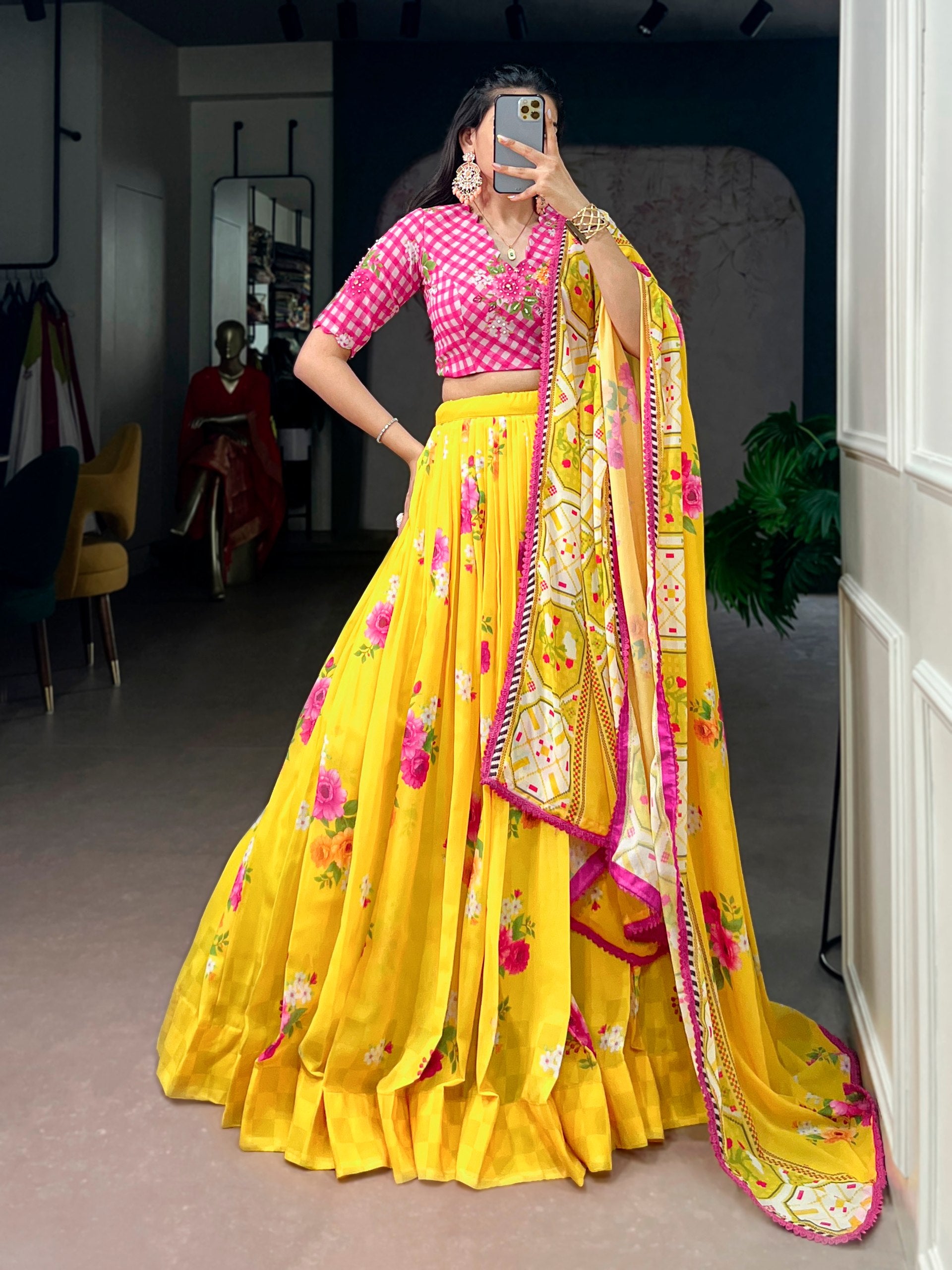 Yellow Pure Floral Georgette Elegant Printed Work Navratri Lehenga Choli