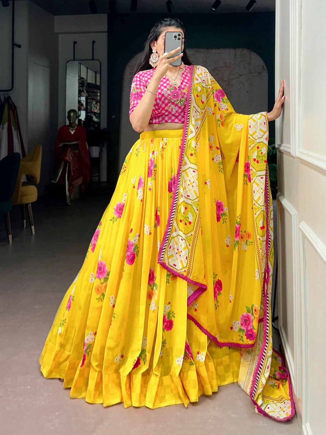 Yellow Pure Floral Georgette Elegant Printed Work Navratri Lehenga Choli
