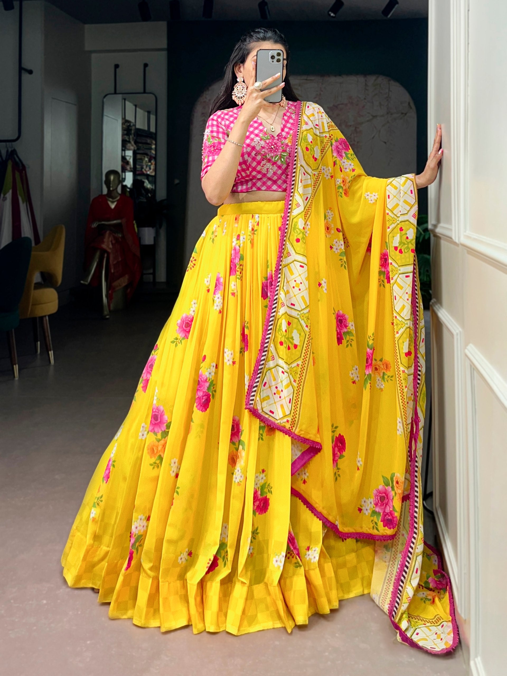 Yellow Pure Floral Georgette Elegant Printed Work Navratri Lehenga Choli