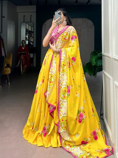 Yellow Pure Floral Georgette Elegant Printed Work Navratri Lehenga Choli