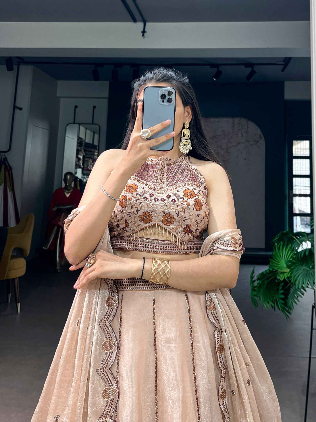 Cream Pure Spider Crush Sequins &amp; Thread Embroidery Work Navratri Lehenga Choli