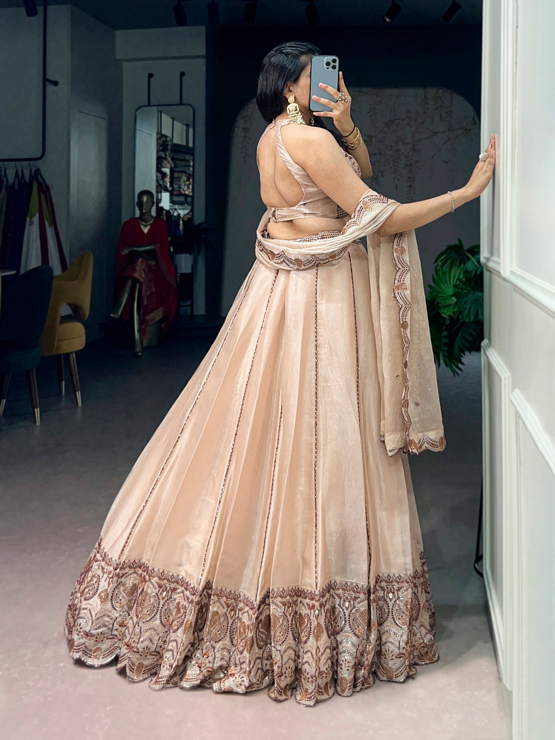 Cream Pure Spider Crush Sequins &amp; Thread Embroidery Work Navratri Lehenga Choli