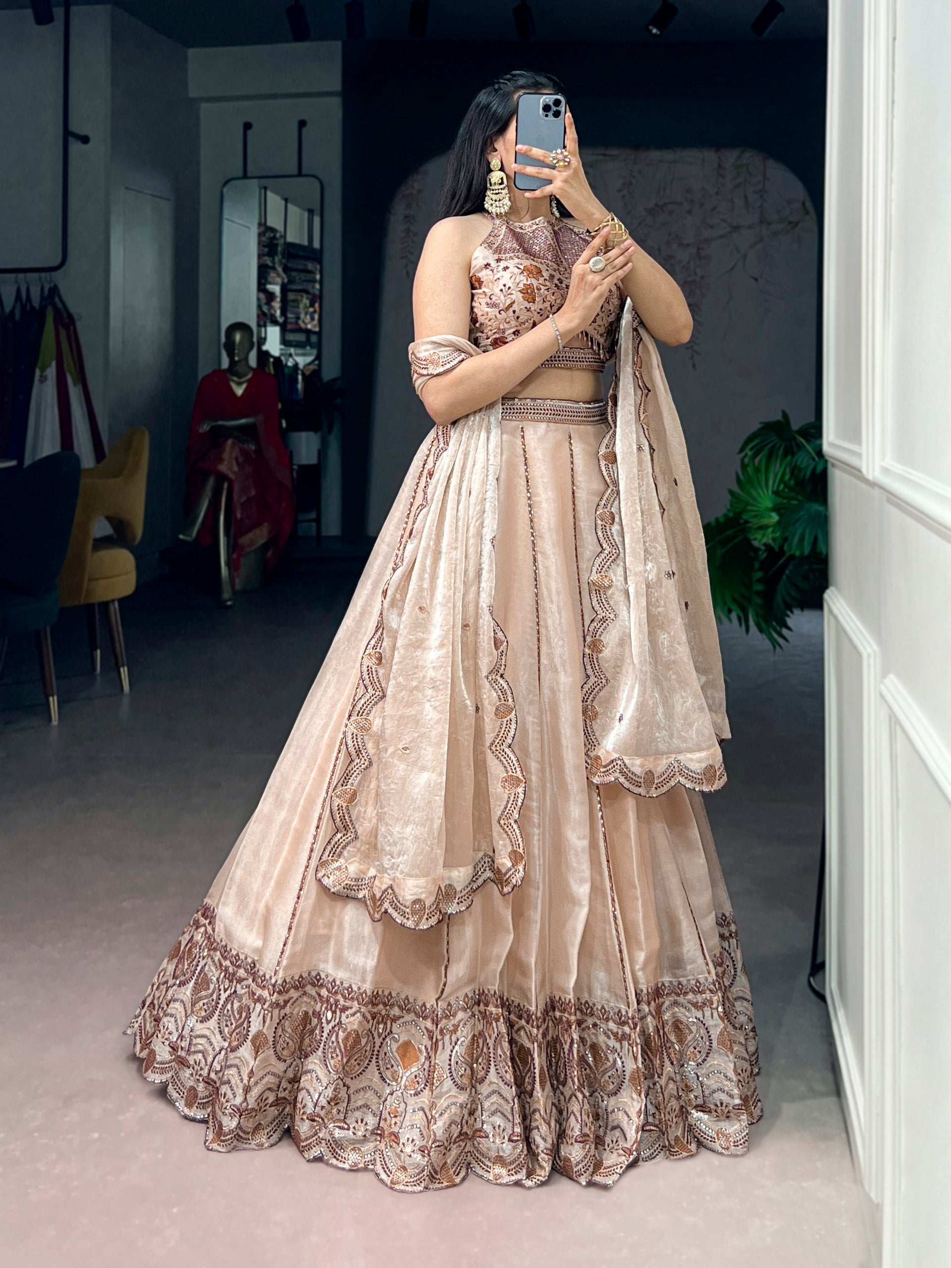 Cream Pure Spider Crush Sequins &amp; Thread Embroidery Work Navratri Lehenga Choli