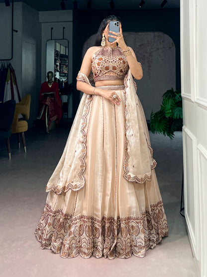 Cream Pure Spider Crush Sequins &amp; Thread Embroidery Work Navratri Lehenga Choli