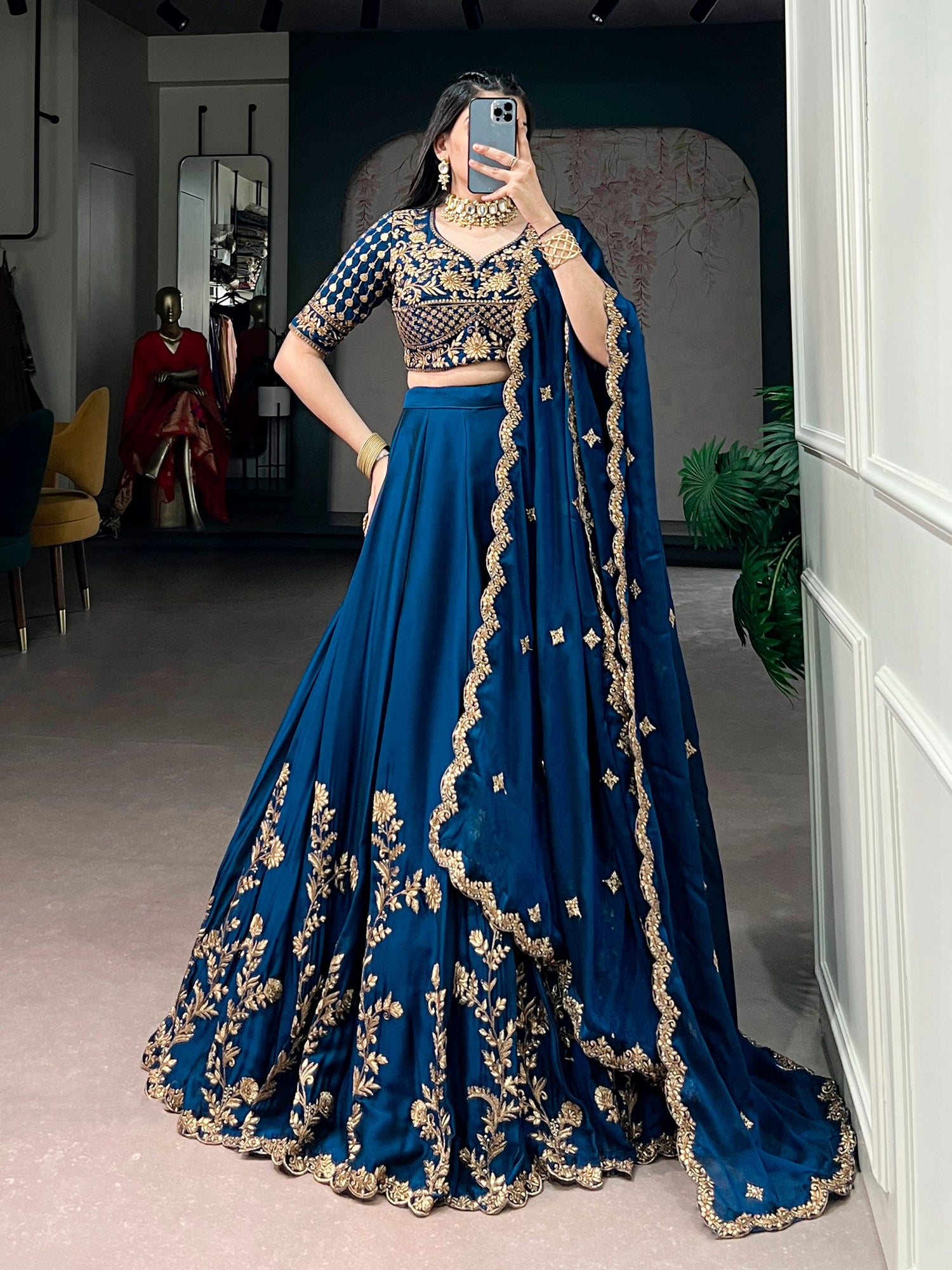 Navy Blue Pure Rangoli Silk Sequins &amp; Thread Embroidery Work Lehenga Choli
