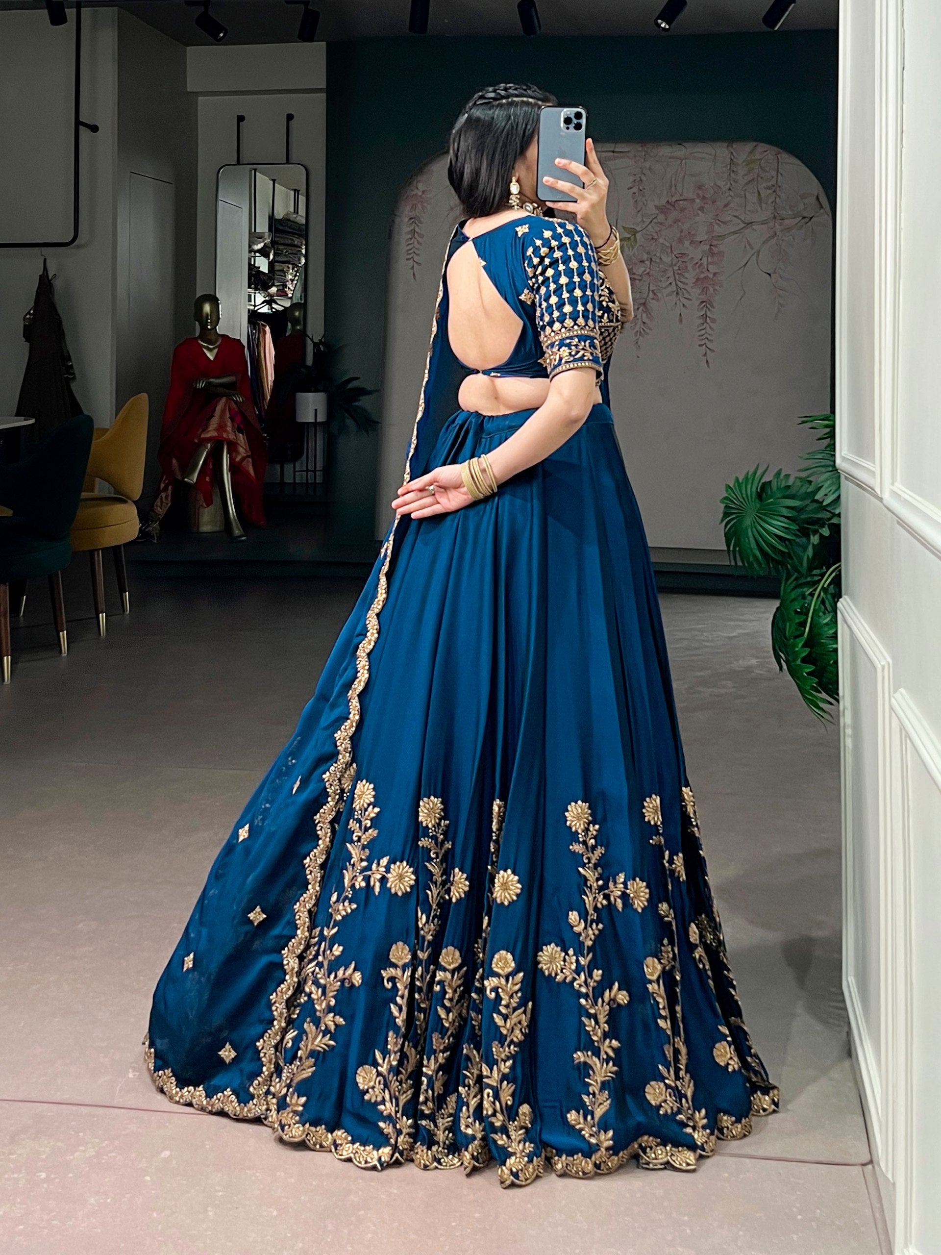 Navy Blue Pure Rangoli Silk Sequins &amp; Thread Embroidery Work Lehenga Choli