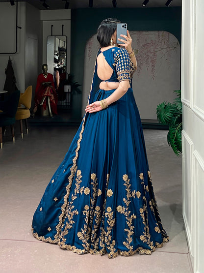 Navy Blue Pure Rangoli Silk Sequins &amp; Thread Embroidery Work Lehenga Choli