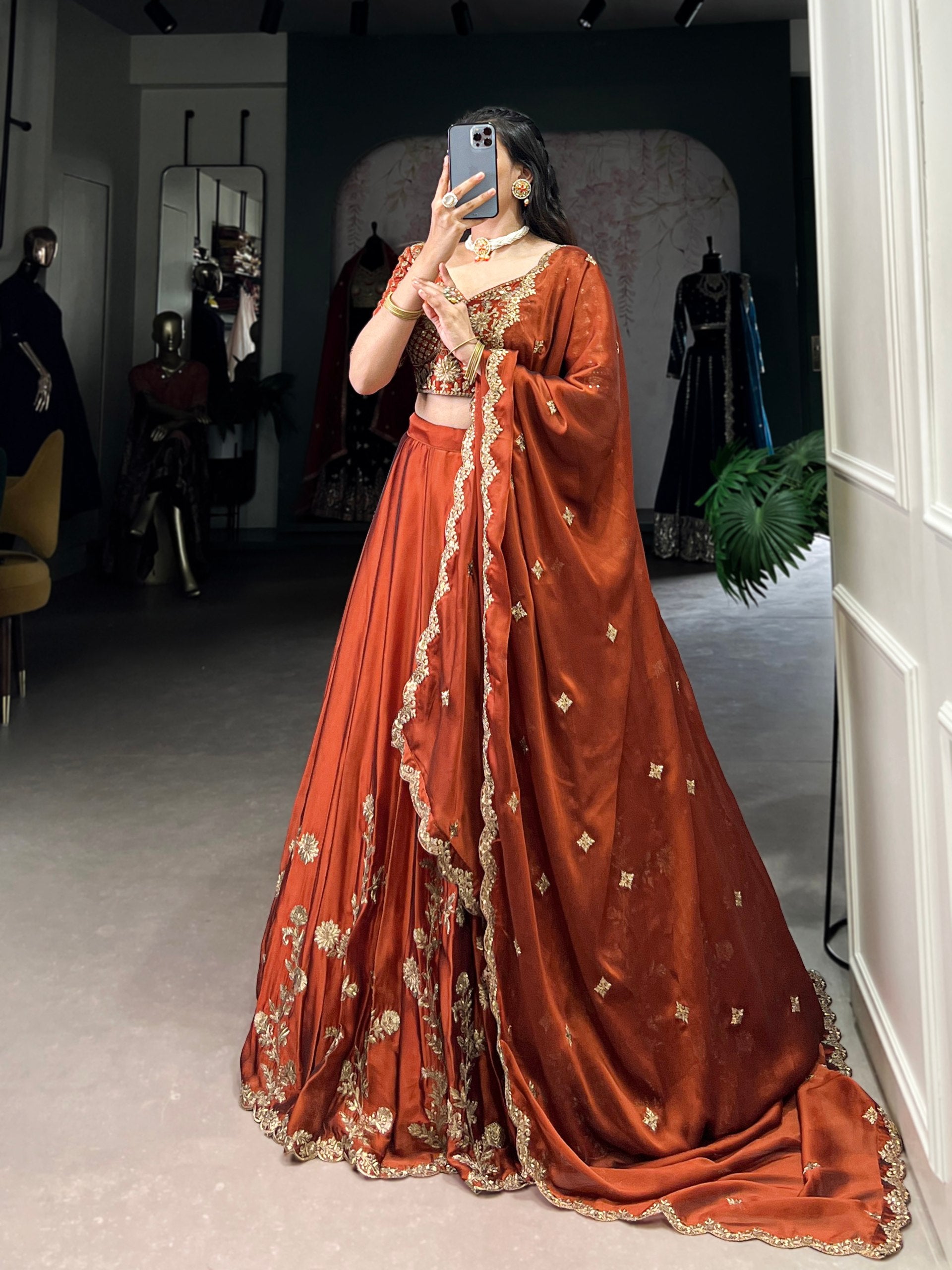 Rust Pure Rangoli Silk Sequins &amp; Thread Embroidery Work Lehenga Choli