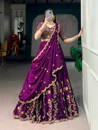Egg Plant Pure Rangoli Silk Sequins &amp; Thread Embroidery Work Lehenga Choli