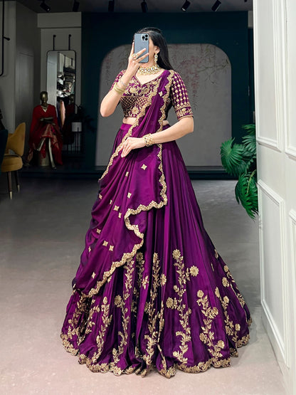 Egg Plant Pure Rangoli Silk Sequins &amp; Thread Embroidery Work Lehenga Choli