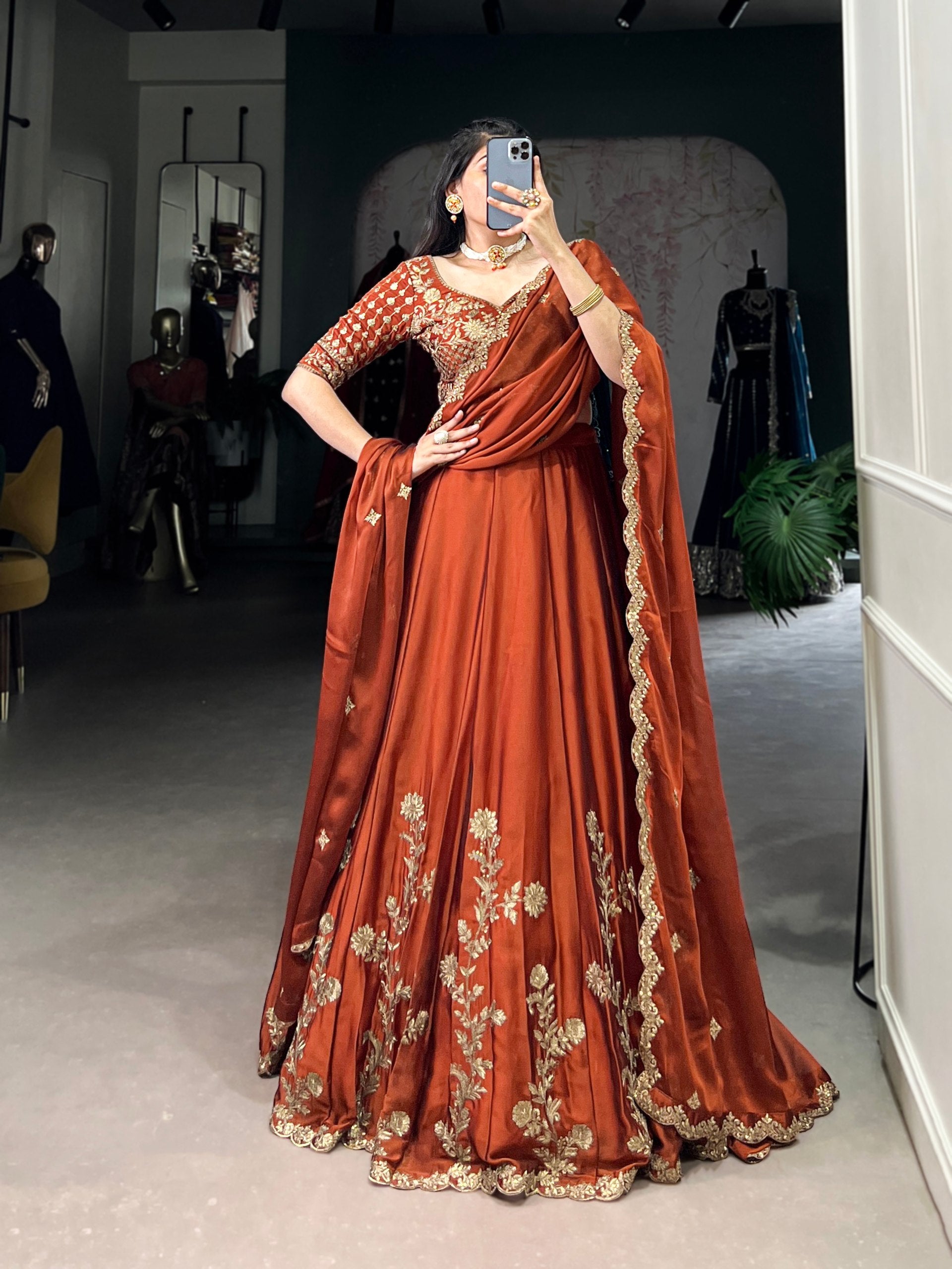 Rust Pure Rangoli Silk Sequins &amp; Thread Embroidery Work Lehenga Choli