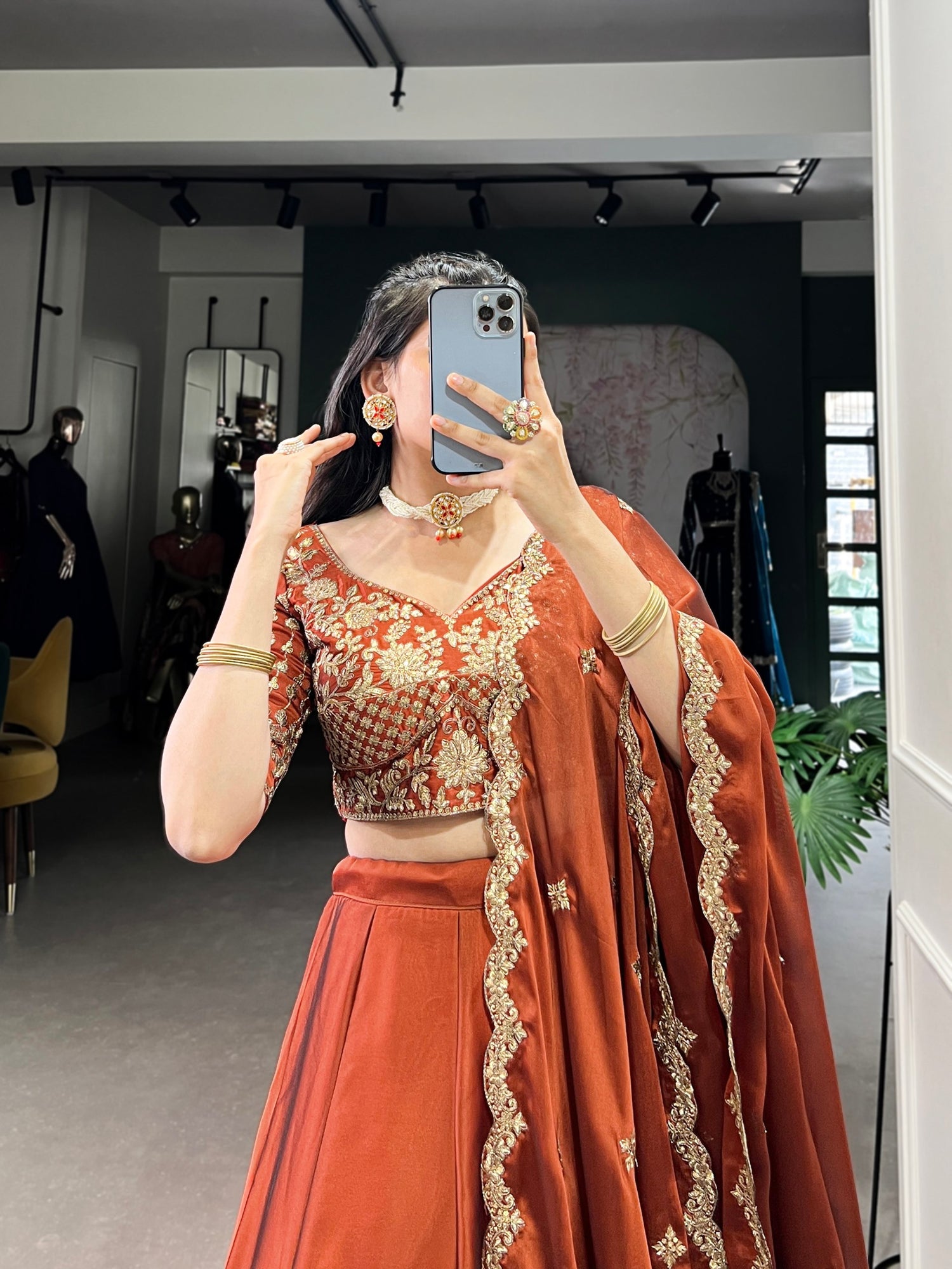 Rust Pure Rangoli Silk Sequins &amp; Thread Embroidery Work Lehenga Choli