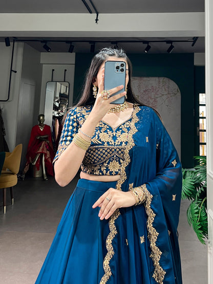 Navy Blue Pure Rangoli Silk Sequins &amp; Thread Embroidery Work Lehenga Choli