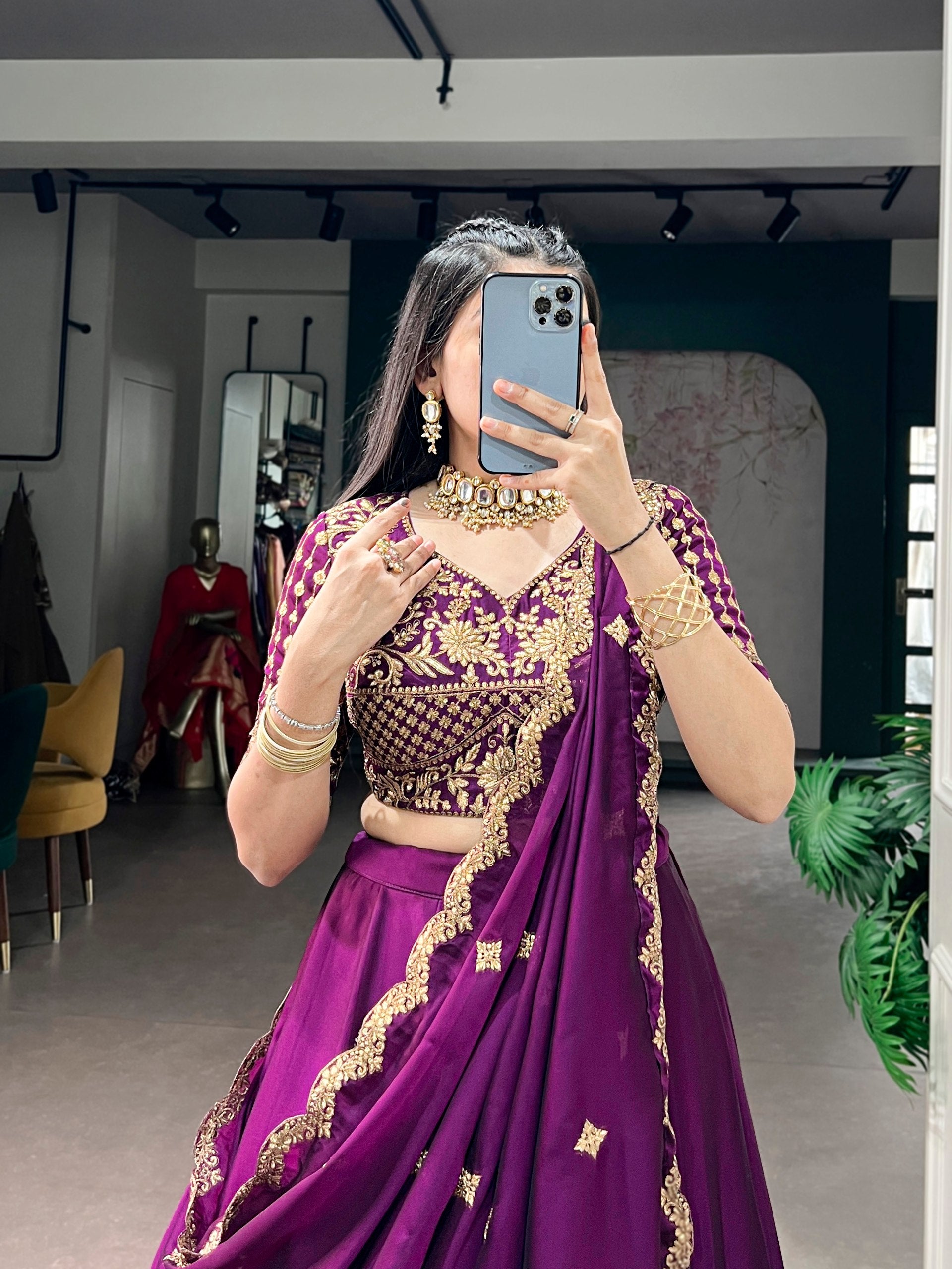 Egg Plant Pure Rangoli Silk Sequins &amp; Thread Embroidery Work Lehenga Choli