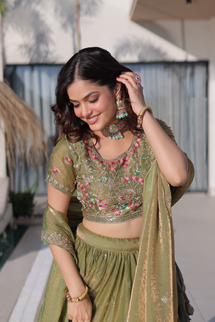 Pista Pure Fendi Silk with Multi Thread Embroidery Work Lehenga Choli