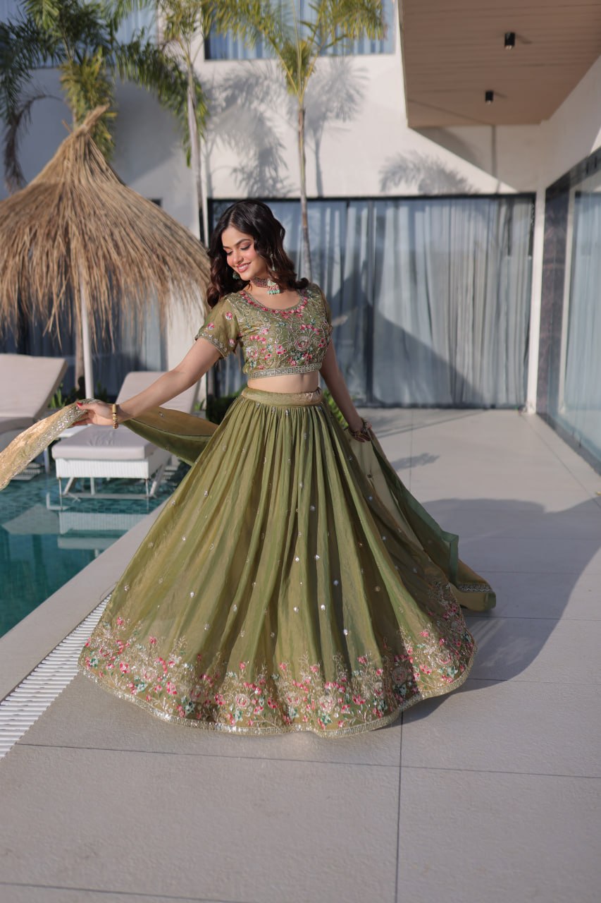 Pista Pure Fendi Silk with Multi Thread Embroidery Work Lehenga Choli