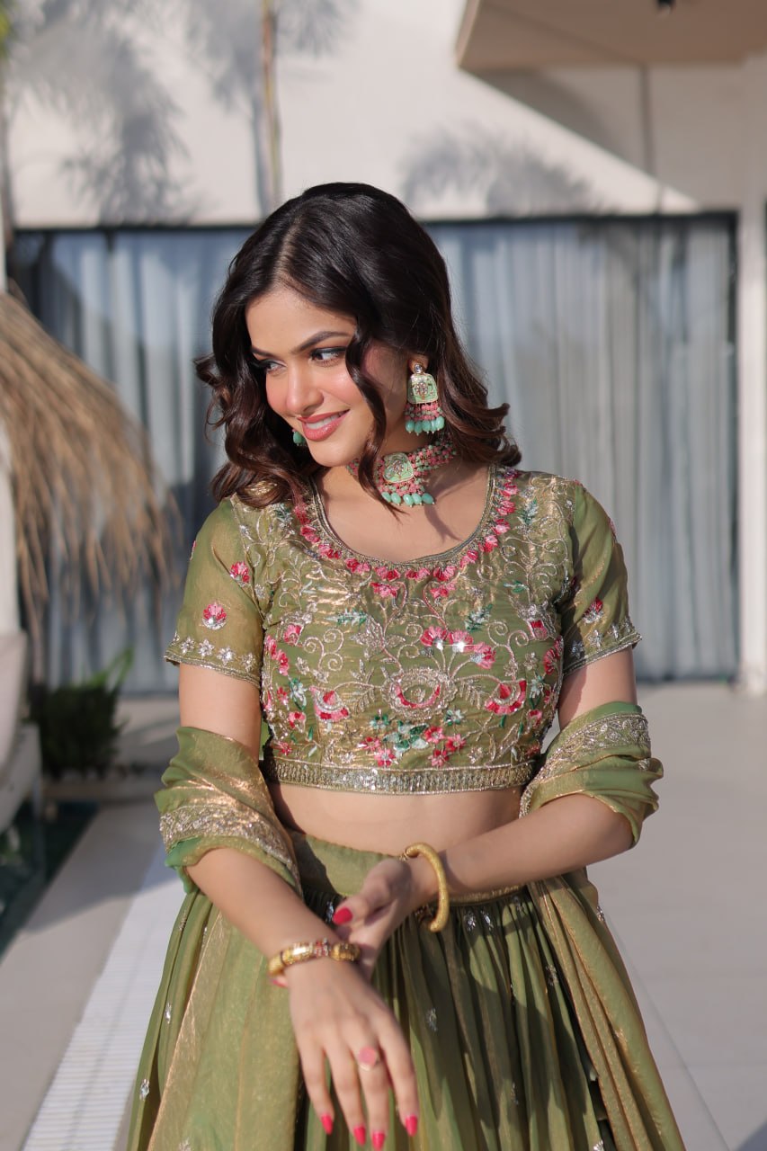 Pista Pure Fendi Silk with Multi Thread Embroidery Work Lehenga Choli